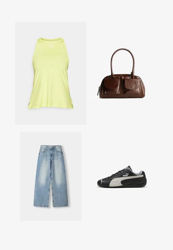Bež pleteni kardigan s dugim rukavima, okruglim izrezom, rebrastim manžetama i rubom, te središnjim redom crnih gumba. Etiketa glasi "WEEKDAY."; Svijetlozeleni top bez rukava izrađen od glatke tkanine. Ima okrugli izrez i mali bijeli logotip na prsima. Bočne proreze povećavaju pokretljivost.; Svijetloplavi traper hlače širokih nogavica s visokim strukom, s izbljeđelim završetkom, pet džepova i ravnim krojem.; Crne kožne tenisice s teksturiranom sivom nubuk trakom, s bijelim logotipima, vezanjem, zaobljenim vrhom i gumenenim potplatom.; Smeđa kožna torba s dva prednja džepa s preklopom, okruglim drškama i patentnim zatvaračem sa strane na bijeloj pozadini.