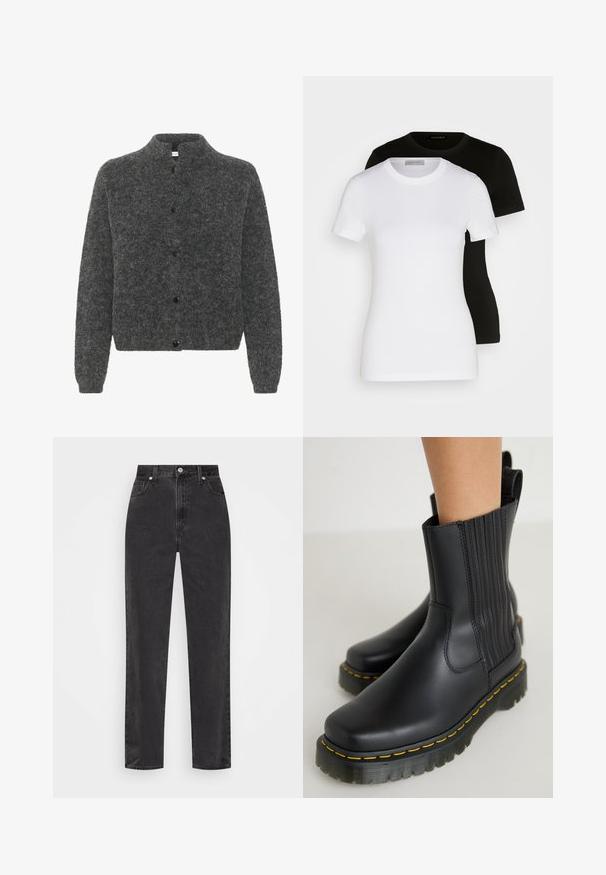 Šedý, fuzzy cardigan s vysokým límcem, se zapínáním na knoflíky vpředu a dlouhými rukávy. Vyroben z měkkého materiálu s texturovaným povrchem.; Dvé trička s krátkým rukávem v černé a bílé barvě. Vyrobena z hladké bavlny, mají klasický kulatý výstřih a standardní střih.; Černé džíny se rovnými nohavicemi a vysokým pasem, se zapínáním na knoflík a zip, a pěti kapsami na bílém pozadí.; Černé kotníkové boty s hladkým matným povrchem. Mají vertikální švy, robustní podrážku se žlutým prošíváním a poutko na zadní straně.