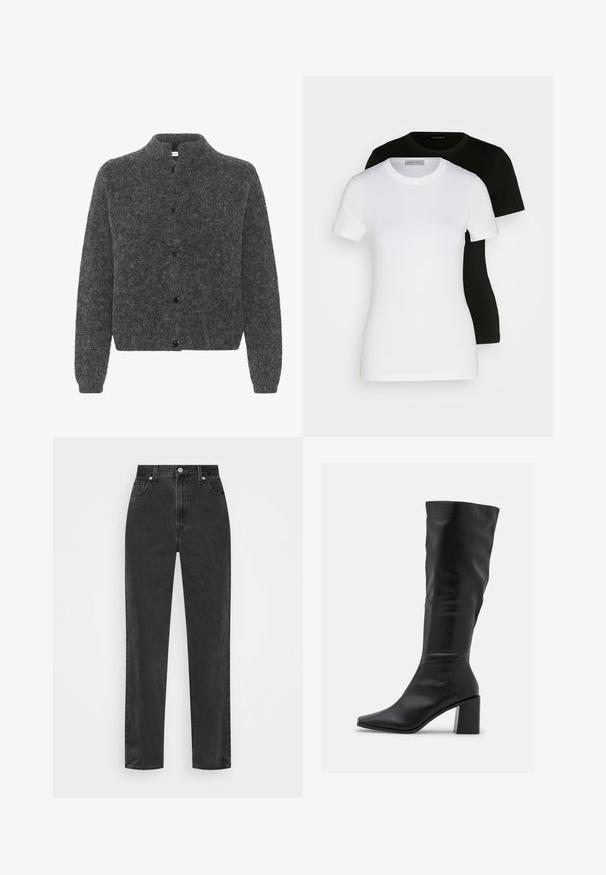 Pilkas, pūkuotas kardiganas su iškilusiu apykakle, su mygtukų užsegimu ir ilgomis rankovėmis. Pagamintas iš minkštos medžiagos su tekstūruotu paviršiumi.; Du grietos rankovės T-marškiniai juodos ir baltos spalvos. Pagaminti iš lygaus medvilnės, su klasikine apvalia iškirpte ir įprastu pritaikymu.; Tiesios kojų juodos džinsinės kelnės su aukštu juosmeniu, priekyje esančia užtrauktuku ir mygtuku, bei penkių kišenių stiliumi ant balto fono.; RAID BLICK - Batai - black