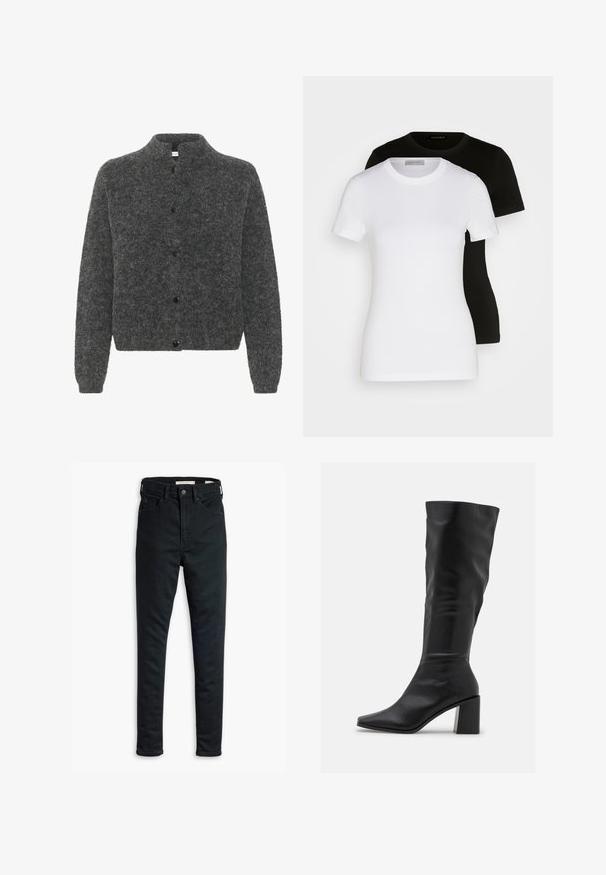 Pelēks, pūkains kardigans ar uzceltu apkakli, ar pogu aizdari un garām piedurknēm. Izgatavots no mīksta materiāla ar teksturētu virsmu.; Divi īsām piedurknēm T-krekli melnā un baltā krāsā. Izgatavoti no gludas kokvilnas, ar klassisku apaļu kakla izgriezumu un regulāru piegriezumu.; Melni pieguļoši džinsi ar priekšējo pogu un rāvējslēdzēju, jostu cilpām un priekšējiem un aizmugurējiem kabatām, izvietoti uz baltā fona.; RAID BLICK - Zābaki - black
