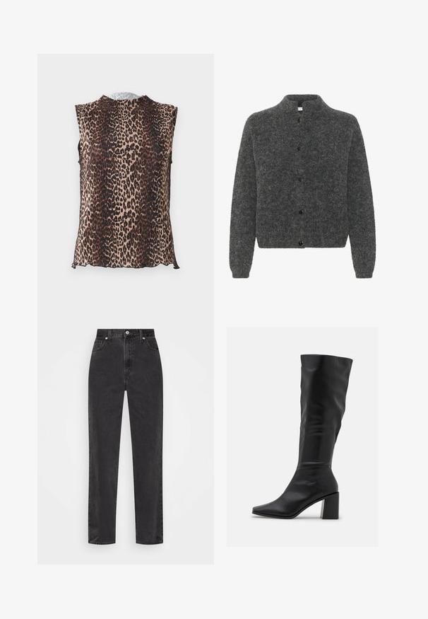 Hallide hallohed, pehmea tekstuuriga kardigan, millel on püsti kaelus, nööbid ees ja pikad varrukad. Valmistatud pehmest materjalist, millel on tekstureeritud pind.; Ilma varrukateta pluus, millel on plisseeritud disain ja leopardimustriga mustrid beeži, pruunide ja mustade toonidega. Ümar kaelus, pehme tekstuur.; Sirged mustad teksapüksid kõrge vöökohaga, esi-nupp ja tõmblukk, viie taskuga stiil valgel taustal.; RAID BLICK - Saapad - black