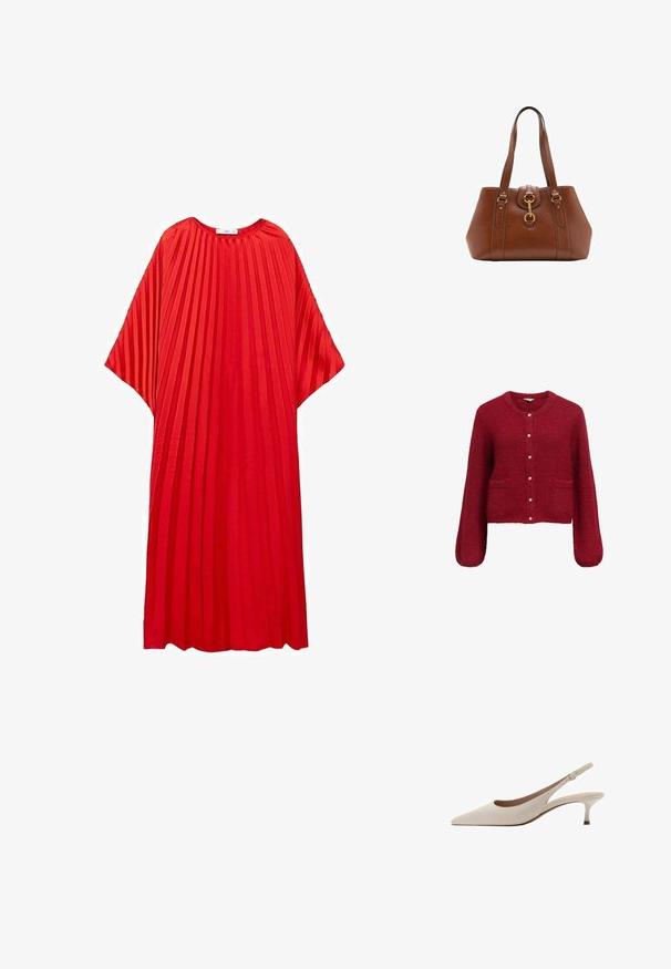 Punainen, lyhyt villatakki pitkillä hihoilla, valmistettu pehmeästä, teksturoidusta materiaalista. Varustettu kultaisilla yksityiskohdilla ja kahdella etutaskulla.; Punaken punak dengan leher bulat dan lengan lebar. Dibuat dari kain ringan, menampilkan garis-garis vertikal untuk tekstur.; Beige avokkaat, joissa on terävä kärki ja matala, löysä kanta. Valmistettu sileästä nahasta, minimalistisella suunnittelulla ja säädettävällä hihnalla.; Ruskea nahkainen käsilaukku, jossa on kaksi hihnaa, pyöreä muoto, kultaiset yksityiskohdat ja keskeinen solkilukitus. Sujuva pinta, jossa on ommeltuja koristeita.