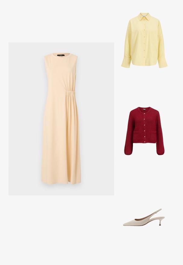 Czerwony, krótki kardigan z długimi rękawami, wykonany z miękkiego, teksturowanego materiału. Posiada zapięcie na guziki z złotymi akcentami i dwie przednie kieszenie.; Sukienka midi bez rękawów w jasnym beżu, z marszczeniem po boku. Wykonana z miękkiego materiału, z okrągłym dekoltem i luźnym krojem.; Żółta bawełniana koszula z wyprofilowanym kołnierzykiem, zapięciem na guziki z przodu, długimi rękawami i luźnym krojem. Gładka faktura i prosty design.; Beżowe szpilki slingback z zakończeniem w szpic i niskim, rozkloszowanym obcasem. Wykonane z gładkiej skóry, o minimalistycznym wzornictwie i regulowanym pasku.