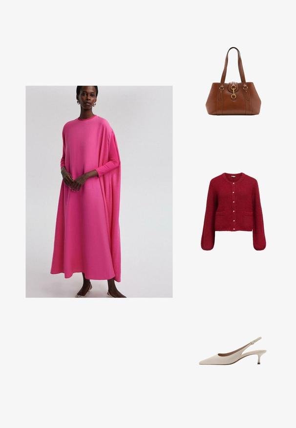 Punainen, lyhyt villatakki pitkillä hihoilla, valmistettu pehmeästä, teksturoidusta materiaalista. Varustettu kultaisilla yksityiskohdilla ja kahdella etutaskulla.; Mekko pitkähihaisena ja väljät, kirkkaan vaaleanpunaisesta kankaasta. Tässä on pyöreä pääntie ja virtaava siluetti, jossa on sileä pinta ja hienovarainen roso.; Beige avokkaat, joissa on terävä kärki ja matala, löysä kanta. Valmistettu sileästä nahasta, minimalistisella suunnittelulla ja säädettävällä hihnalla.; Ruskea nahkainen käsilaukku, jossa on kaksi hihnaa, pyöreä muoto, kultaiset yksityiskohdat ja keskeinen solkilukitus. Sujuva pinta, jossa on ommeltuja koristeita.