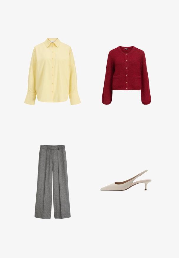Röd, kort cardigan med långa ärmar, tillverkad av mjukt, texturerat material. Har knäppning med knappar med gulddetaljer och två framfickor.; Gul bomullsskjorta med spetsad krage, knäppning fram, långa ärmar och avslappnad passform. Slät textur och enkel design.; Grå yllevida byxor med bälteshällor och framfall, designade för en avslappnad, skräddarsydd passform.; Beige slingbackklackar med spetsig tå och en låg, utsvängd klack. Tillverkade av slätt läder med en minimalistisk design och justerbar rem.