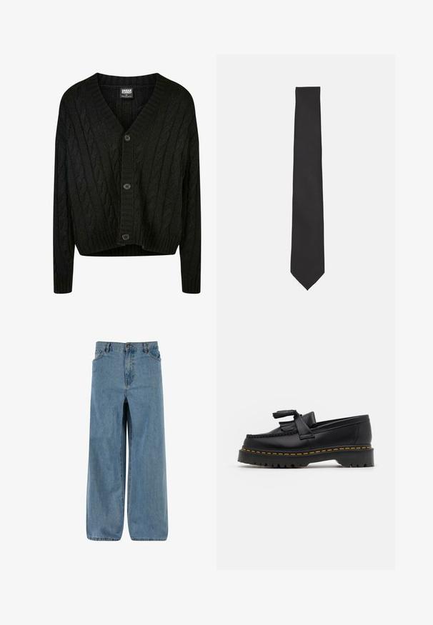 Crni kardigan s pletenim uzorkom i V-izrezom, dugim rukavima i pet smeškastih dugmadi sprijeda. Ima rebraste detalje i skraćeni rub.; Bijela košulja dugih rukava s gumbima napravljena od glatkog materijala. Ima klasičan ovratnik, prednje gumbe i manžete s jednim gumbom. Dizajn u uskom kroju.; Svjetloplavi traper široki hlače. Imaju kopčanje na gumbe i patent, pet džepova i izblijedjenu teksturu za klasičan izgled.; Crna kožna loaferica s resicama, koja ima čvrst crni potplat i žute šavove duž ruba. Teksturirana završna obrada.; Crna kravata od glatkog materijala, sa slim, izduženim oblikom i šiljastim vrhom, bez vidljivih uzoraka ili akcenta.