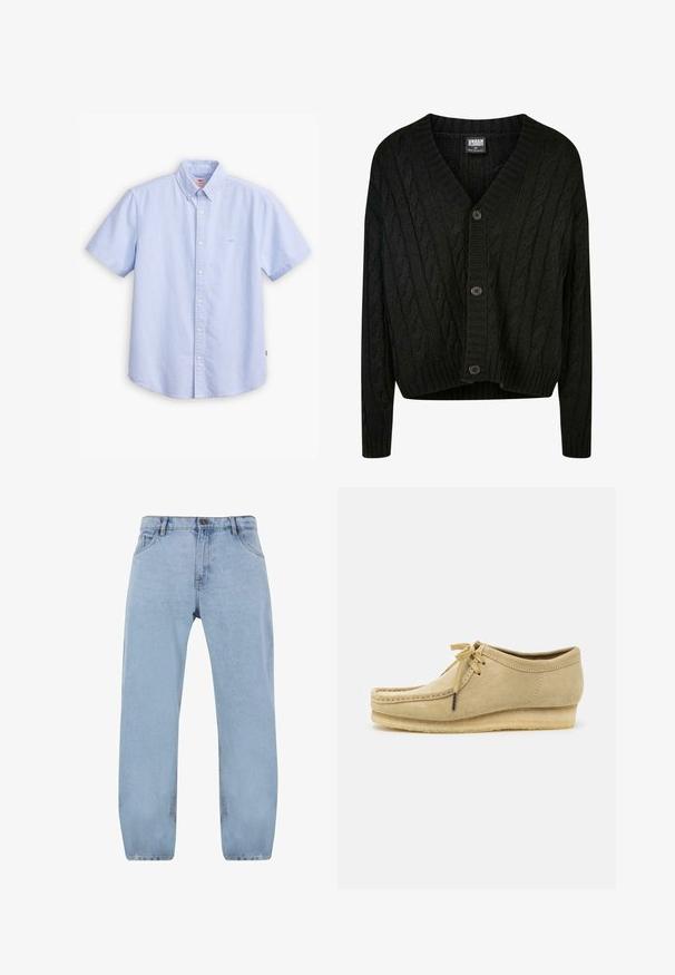 Musta kabeliknitti neuletakki, jossa on V-kaula-aukko, pitkät hihat ja viisi ruskeaa nappia edessä. Siinä on ribbikuvioita ja lyhyt helma.; Vaaleansininen lyhythihainen nappipaita, joka on valmistettu puuvillasta. Siinä on terävä kaulus, etunappilista ja pieni logo rinnassa.; Vaaleansiniset farkut suoran lahkeen tyylillä, joissa on neljä taskua, vetoketjukiinnitys ja kultaiset ompeluversiot.; Vaaleanbeige mokkasiinikenkä, jossa on nauhakiinnitys, ommeltu yksityiskohtia ja kumipohja. Muotoilu on rento, jossa on kevyt kiilakorko.