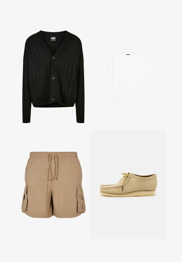 Czarny kardigan robiony na drutach w splot warkoczowy z dekoltem w kształcie litery V, długimi rękawami i pięcioma brązowymi guzikami z przodu. Posiada ribbowe akcenty i skrócony dół.; Biały bawełniany t-shirt z krótkimi rękawami, okrągłym dekoltem i prostym krojem. Gładka faktura bez widocznych wzorów czy akcentów.; Beżowe szorty cargo wykonane z lekkiego materiału, z elastycznym paskiem na sznurki, dwiema bocznymi kieszeniami i dwiema kieszeniami cargo. Prosty, użytkowy design.; Beżowe zamszowe buty z sznurowaniem, przeszyciami i gumową podeszwą. Kształt jest casualowy z lekkim obcasem na poziomie.