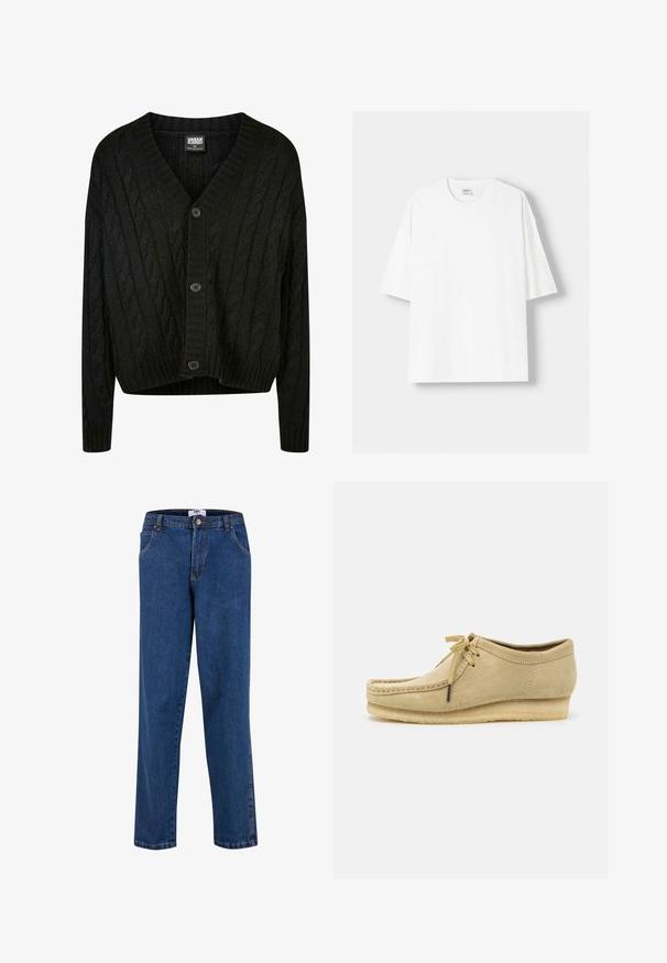Černý kardigan pletený do vzoru kabelu s V-výstřihem, dlouhými rukávy a pěti hnědými knoflíky vpředu. Má žebrované detaily a zkrácený lem.; Bílá krátkosrstá tričko s krátkým rukávem vyrobené z bavlny, se zaobleným výstřihem a volným střihem. Hladká textura, bez viditelných vzorů nebo akcentů.; Modré džíny z denimu s rovným střihem, které mají zapínání na knoflíky, přední kapsy a kontrastní švy podél švů.; Béžová semišová bota s šněrovacím designem, prošívanými detaily a gumovou podrážkou. Tvar je ležérní s mírným klínovým podpatkem.
