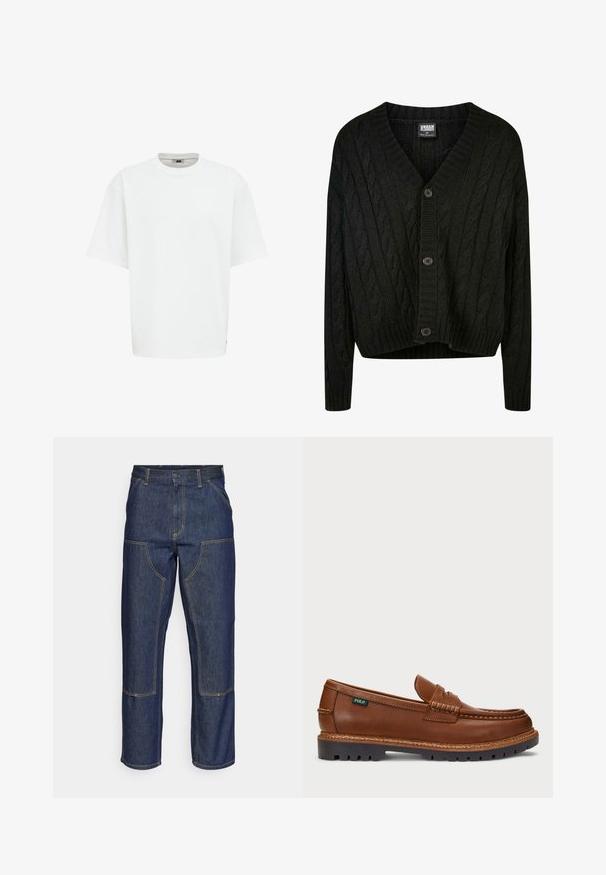 Črn pulover s kabelskim pletenjem, V-izrezom, dolgimi rokavi in petimi rjavimi gumbi spredaj. Ima rebraste detajle in skrajšan rob.; Bela kratka majica s kratkimi rokavi in okroglim izrezom, narejena iz gladkega materiala, s sproščenim krojem ter diskretnim logotipom na strani.; Temno modri kavbojke z visokim pasom, ravnim krojem, kontrastnim šivom in žepekami na sprednji strani.; Rjavi usnjeni loafer z okrasnim šivanjem in teksturirano konico. Podplat ima robustno zasnovo, ki nudi oprijem in vzdržljivost.
