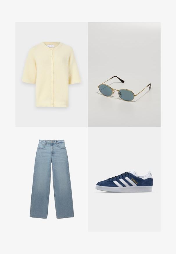 Žlutý kardigan s krátkým rukávem vyrobený z žebrovaného materiálu, s kulatým výstřihem a zapínáním na knoflíky vpředu.; Bílý bezrukávový cropped top s kulatým výstřihem, hladkým materiálem a jednoduchým designem. Žádné viditelné vzory ani detaily z kovu.; Světle modré široké džíny vyrobené z denimové bavlny, s pěti kapsami, předním zapínáním na knoflík a minimálním třepením podél lemu.; Námornické semišové tenisky s bílými koženými akcenty, třemi bílými pruhy a zlatým logem "Gazelle". Kružnicová gumová podrážka, nízký design.; Sluneční brýle se zlatým kovovým rámem, modrými čočkami, oválného tvaru a hnědými konci. Mezi nápadné vlastnosti patří tenké nožičky a průhledné nosní polštářky.