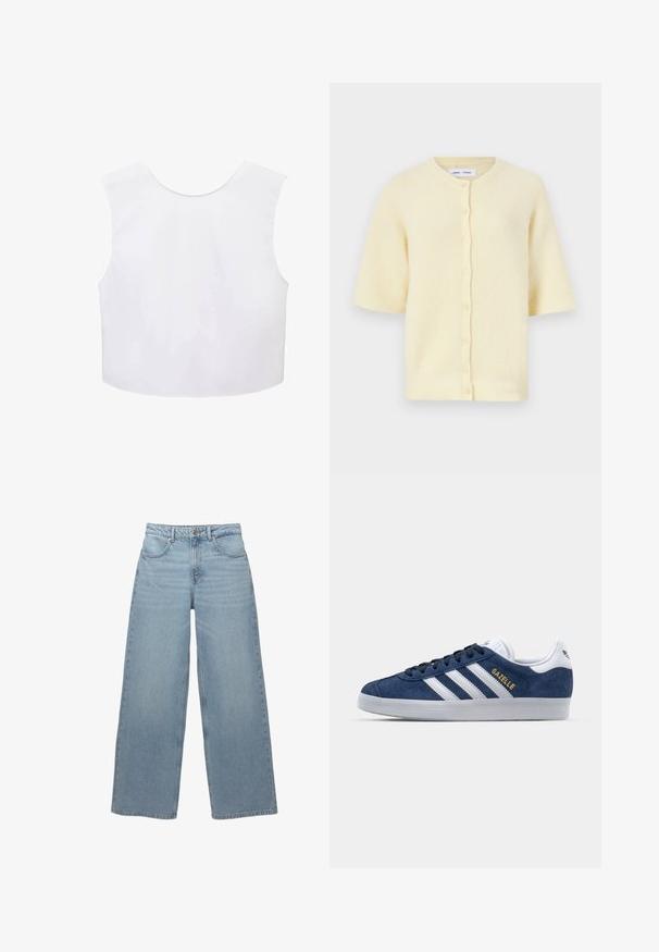 Kortærmet gul cardigan lavet af ribbet tekstur med rund halsudskæring og knaplukning forneden.; Hvid ærmeløs crop top med rund halsudskæring, glat stof og enkelt design. Ingen synlige mønstre eller hardware detaljer.; Lyseblå vidde jeans lavet af bomuldsdenim, med fem lommer, en frontknaplukning og minimal opslidning langs kanten.; Mørkeblå svindre sneakers med hvide læderdetaljer, tre hvide striber og guld "Gazelle" logo. Rund gummisål, lavtop design.