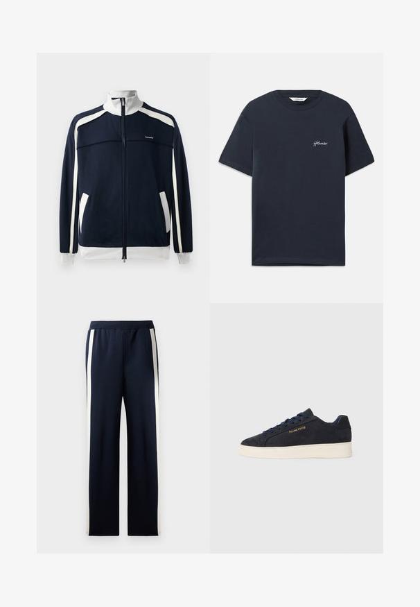 Námornícka športová bunda na zips s bielymi akcentmi, rebrovaným golierom a manžetami, dvoma bočnými vreckami a malým logom na hrudi. Hladká textúra látky.; Námornícky modré bavlnené tričko s krátkymi rukávmi. Má biele vyšívané logo značky na ľavom hrudi. Klasický okrúhly výstrih.; Námornícke teplákové nohavice s širokým strihom, s vertikálnymi krémovými pruhmi po stranách. Vyrobené z mäkkého, textúrovaného materiálu s elastickým pásom.; Námornícky modré semišové nízke tenisky s bielou podrážkou, námorníckymi šnúrami a zlatým logom "Filling Pieces" na boku.