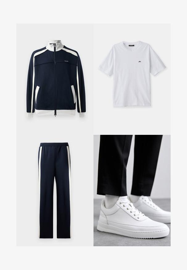 Marinefarbene Sportjacke mit Reißverschluss und weißen Akzenten, geripptem Kragen und Bündchen, zwei Seitentaschen und einem kleinen Logo auf der Brust. Glatte Stofftextur.; Weißes Baumwoll-T-Shirt mit Rundhalsausschnitt und kurzen Ärmeln, versehen mit einem kleinen schwarzen Logo auf der Brust. Glatte Textur und lässiger Schnitt.; Navy Sweatpants mit weitem Bein Design, ausgestattet mit vertikalen cremefarbenen Streifen an den Seiten. Hergestellt aus weichem, strukturiertem Stoff mit einem elastischen Bund.; Weiße Leder-Sneaker mit flacher Gummisohle, ausgestattet mit einer glatten Oberfläche, runder Zehenpartie und Metallösen für die Schnürsenkel. Getragen mit schwarzen Hosen.