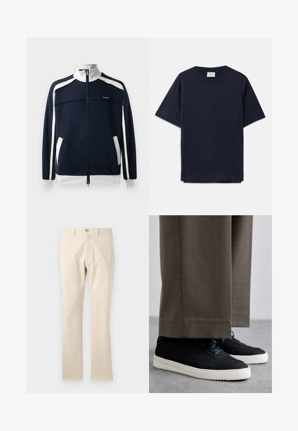 Námořnická zipová sportovní bunda s bílými akcenty, ribovaným límcem a manžetami, dvěma bočními kapsami a malým logem na prsou. Hladká textilie.; Námořnická modrá bavlněná tričko s krátkým rukávem, kulatým výstřihem a volným střihem. Na výstřihu je štítek s nápisem "CLOSED". Hladká textura.; Béžové bavlněné kalhoty, rovného střihu, se zapínáním na knoflík a poutky na opasek, hladká textura, bez viditelných vzorů nebo akcentů.; Černé semišové tenisky s bílými gumovými podrážkami, s kulatou špičkou a tkaničkami, obuté s šedými úzkými kalhotami.