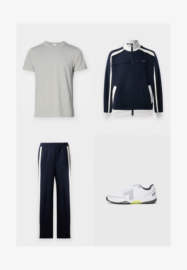 Marineblå zip-up sportsjakke med hvite detaljer, ribbestrikket krage og mansjetter, to sidelommer og en liten logo på brystet. Glatt tekstur.; Kortermet T-skjorte i lys grå bomull med rund hals og rett kant. Glatt tekstur, ingen mønstre eller synlige detaljer.; Marineblå joggebukser med bred bendesign, med vertikale kremfargede striper langs sidene. Laget av myk, strukturert stoff med elastisk midjebånd.; Hvit treningssko med svarte aksenter og grå detaljer. Har en teksturert overdel, snøring, og en lys gul såle.
