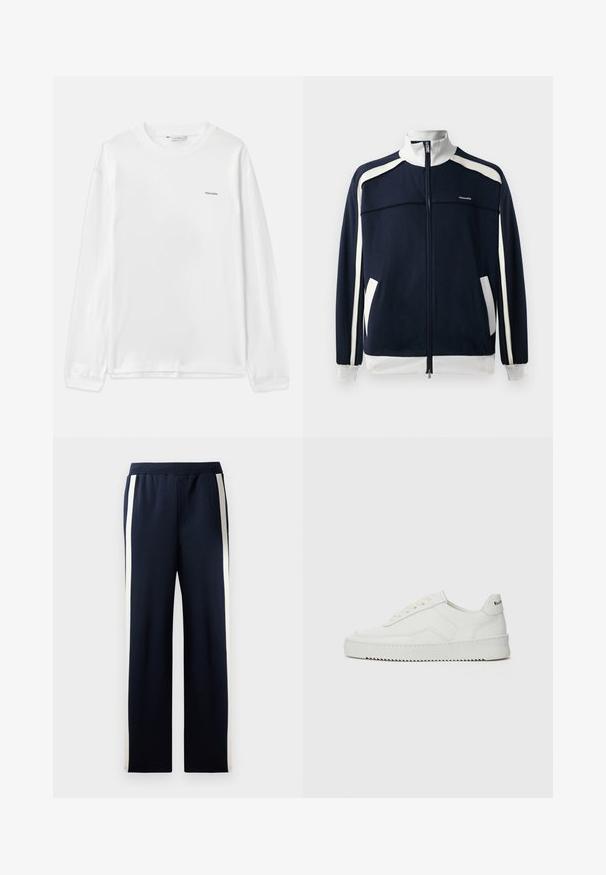 Marineblauwe sportjack met rits en witte accenten, ribgebreide kraag en boorden, twee zijzakken en een klein logo op de borst. Soepele stoftextuur.; Witte langemouwen overhemd van katoen. Beschikt over een ronde hals, geribbelde manchetten en een klein "Holzweiler" logo op de linkerborst. Zachte textuur.; Navy sweatpants met een wijd beenontwerp, voorzien van verticale crèmekleurige strepen langs de zijkanten. Gemaakt van zachte, gestructureerde stof met een elastische tailleband.; Witte leren sneaker met een gladde afwerking, ronde neus, platte veters en een gestructureerde zool. Kenmerkt zich door een subtiel logo op de hiel.