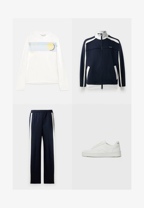 Marineblå zip-up sportsjakke med hvite detaljer, ribbestrikket krage og mansjetter, to sidelommer og en liten logo på brystet. Glatt tekstur.; Hvit langermet t-skjorte med blå grafisk stripe, gult sirkulært design og teksten "Holzweiler" og "SUMMER 25 THE SUN." Myk bomullsmateriale.; Marineblå joggebukser med bred bendesign, med vertikale kremfargede striper langs sidene. Laget av myk, strukturert stoff med elastisk midjebånd.; Hvite lærersneakers med en jevn overflate, rund tå, flate lisser og en teksturert såle. Har en subtil logo på hælen.