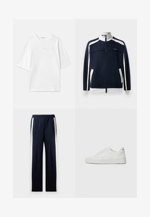 Jūras spēku zipa sporta jaka ar baltajām akcentiem, ribotām apkaklēm un aprocēm, divām sānu kabatām un mazu logotipu uz krūšu daļas. Gluda auduma tekstūra.; Balts kokvilnas T-krekls ar pārāk lielu dizainu, apaļu apkakli, īsām piedurknēm un drukātām tekstu akcentiem gaiši bēšā krāsā. Gluda tekstūra.; Jūras spēku pelēkās bikses ar platām kājām, akcentētas ar vertikālām krēmkrāsas svītrām pa malām. Izgatavotas no mīkstas, teksturētas auduma ar elastīgu jostu.; Baltas ādas sneakers ar gludu virsmu, apaļu pirkstu daļu, plakaniem šņorēm un teksturētu zoli. Satur diskrētu logotipu uz papēža.