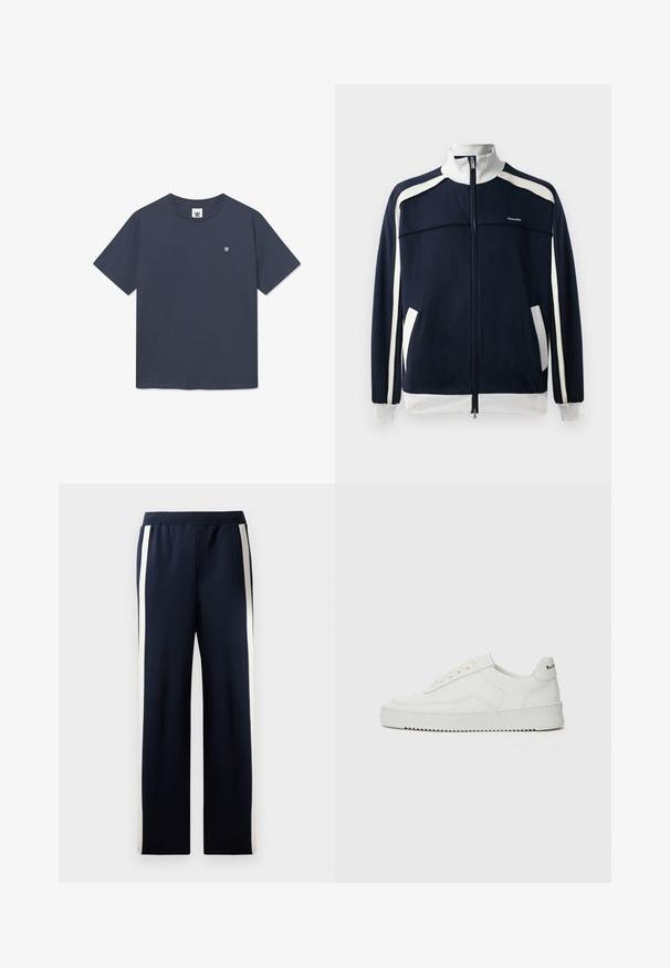 Veste de sport zippée marine avec des accents blancs, col et poignets côtelés, deux poches latérales et un petit logo sur la poitrine. Texture du tissu lisse.; T-shirt bleu marine en coton avec un col rond, des manches courtes et un petit logo brodé sur la poitrine gauche. Texture de tissu lisse.; Pantalons de jogging bleu marine avec un design à jambes larges, ornés de rayures verticales crème sur les côtés. Fabriqués en tissu doux et texturé avec une taille élastique.; Baskets en cuir blanc avec une finition lisse, bout arrondi, lacets plats et semelle texturée. Présente un logo discret sur le talon.