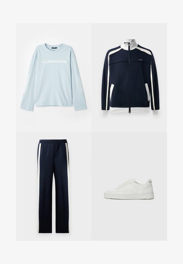 Marinefarbene Sportjacke mit Reißverschluss und weißen Akzenten, geripptem Kragen und Bündchen, zwei Seitentaschen und einem kleinen Logo auf der Brust. Glatte Stofftextur.; Himmelblaues Langarm-T-Shirt aus weichem Stoff, mit dem weißen „J. Lindeberg“-Logo auf der Vorderseite und einem gemusterten Akzent an den Ärmeln.; Navy Sweatpants mit weitem Bein Design, ausgestattet mit vertikalen cremefarbenen Streifen an den Seiten. Hergestellt aus weichem, strukturiertem Stoff mit einem elastischen Bund.; Weiße Ledersneaker mit glatter Oberfläche, runder Zehenpartie, flachen Schnürsenkeln und strukturiertem Sohlenprofil. Mit einem dezenten Logo an der Ferse.
