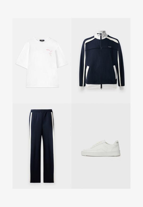 Navy zip-up sports jacket with white accents, ribbed collar and cuffs, two side pockets, and a small logo on the chest. Smooth fabric texture.; Dsquared2 LOOSE FIT TEE - Print T-shirt - white; Navy sweatpants with a wide leg design, featuring vertical cream stripes along the sides. Made from soft, textured fabric with an elastic waistband.; White leather sneaker with a smooth finish, round toe, flat laces, and a textured sole. Features a subtle logo on the heel.