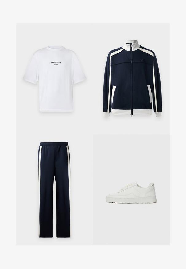Mornarsko zadrgo športna jakna z belimi poudarki, rebrastim ovratnikom in manšetami, dvema stranskima žepoma ter majhnim logotipom na prsih. Gladka tekstura tkanine.; Bela bombažna majica z okroglim izrezom in kratkimi rokavi. Na prsih ima črno natisnjen logotip z napisom »DSQUARED2 MILANO«.; Mornarske trenirke širokega kroja, ki imajo navpične kreme proge ob straneh. Narejene iz mehkega, teksturiranega materiala z elastičnim pasom.; Bela usnjena športna obutev z gladko površino, okroglo prst, ravne vezalke in teksturiran podplat. Ima diskretno logo na peti.