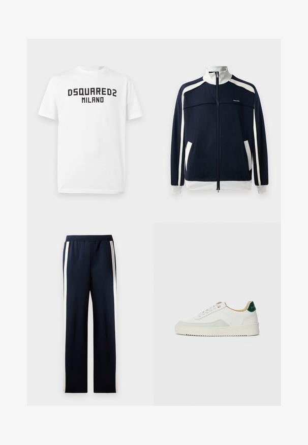 Mornarsko zadrgo športna jakna z belimi poudarki, rebrastim ovratnikom in manšetami, dvema stranskima žepoma ter majhnim logotipom na prsih. Gladka tekstura tkanine.; Bela majica s kratkimi rokavi s črnim napisom "DSQUARED2 MILANO" na sredini prsi na enobarvni beli podlagi.; Mornarske trenirke širokega kroja, ki imajo navpične kreme proge ob straneh. Narejene iz mehkega, teksturiranega materiala z elastičnim pasom.; Bela trenerka z zaključki iz semiša, okroglo konico, ravne vezalke in kremna gumijasta podplata. Ima zeleno blagovno znamko na peti.