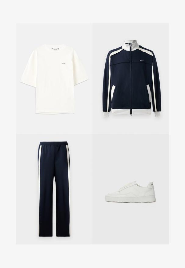 Tummansininen urheilutakki vetoketjulla, jossa valkoiset yksityiskohdat, ribbireunainen kaulus ja hihansuut, kaksi sivutaskua ja pieni logo rinnassa. Sileä kankaan rakenne.; Valkoinen lyhythihainen t-paita, joka on valmistettu puuvillasta. Sisältää pyöreän kaulanauhan ja pienen mustan "Holzweiler"-logon vasemmalla puolella.; Loitsu siniset verkkarit leveällä lahkeiden muotoilulla, joissa on pystysuuntaiset kerma- väriset raidat sivuilla. Valmistettu pehmeästä, tekstuuritetusta kankaasta, jossa on joustava vyötärö.; Valkoinen nahkakenkä, jossa on sileä pinta, pyöreä kärki, tasaiset nauhat ja teksturoitu pohja. Sisältää huomaamattoman logon kantapäässä.