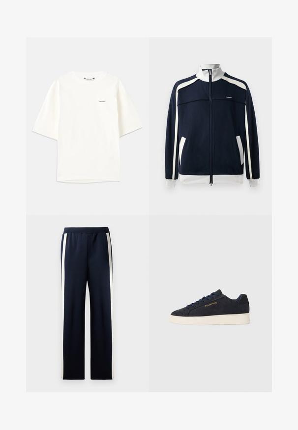 Jūras spēku zipa sporta jaka ar baltajām akcentiem, ribotām apkaklēm un aprocēm, divām sānu kabatām un mazu logotipu uz krūšu daļas. Gluda auduma tekstūra.; Balts īso piedurkņu T-krekls, izgatavots no kokvilnas. Ar apaļu kakla izgriezumu un nelielu melnu "Holzweiler" logo kreisajā pusē.; Jūras spēku pelēkās bikses ar platām kājām, akcentētas ar vertikālām krēmkrāsas svītrām pa malām. Izgatavotas no mīkstas, teksturētas auduma ar elastīgu jostu.; Navy zila zamšas zema augstuma kedas ar baltu zoli, navy krāsas auklām un "Filling Pieces" logo zeltā sānos.