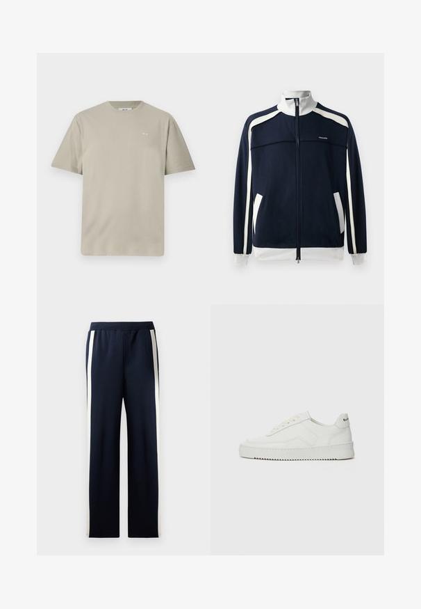 Marinefarbene Sportjacke mit Reißverschluss und weißen Akzenten, geripptem Kragen und Bündchen, zwei Seitentaschen und einem kleinen Logo auf der Brust. Glatte Stofftextur.; Hellgraues Baumwoll-T-Shirt mit kurzen Ärmeln, Rundhalsausschnitt und kleinem bedrucktem Logo auf der linken Brustseite. Weicher, glatter Stoff.; Navy Sweatpants mit weitem Bein Design, ausgestattet mit vertikalen cremefarbenen Streifen an den Seiten. Hergestellt aus weichem, strukturiertem Stoff mit einem elastischen Bund.; Weiße Ledersneaker mit glatter Oberfläche, runder Zehenpartie, flachen Schnürsenkeln und strukturiertem Sohlenprofil. Mit einem dezenten Logo an der Ferse.