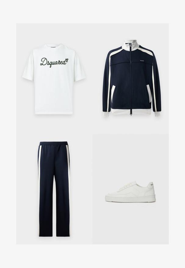 Navy zip-up sports jacket with white accents, ribbed collar and cuffs, two side pockets, and a small logo on the chest. Smooth fabric texture.; White cotton t-shirt with short sleeves featuring a black embroidered logo "Dsquared²" on the front in a cursive font.; Navy sweatpants with a wide leg design, featuring vertical cream stripes along the sides. Made from soft, textured fabric with an elastic waistband.; White leather sneaker with a smooth finish, round toe, flat laces, and a textured sole. Features a subtle logo on the heel.