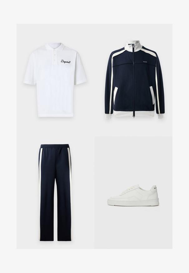 Marineblå zip-up sportsjakke med hvite detaljer, ribbestrikket krage og mansjetter, to sidelommer og en liten logo på brystet. Glatt tekstur.; Hvit bomulls pikéskjorte med klassisk krage, tre knapper, og svart brodert "Dsquared2"-logo på venstre side.; Marineblå joggebukser med bred bendesign, med vertikale kremfargede striper langs sidene. Laget av myk, strukturert stoff med elastisk midjebånd.; Hvite lærersneakers med en jevn overflate, rund tå, flate lisser og en teksturert såle. Har en subtil logo på hælen.