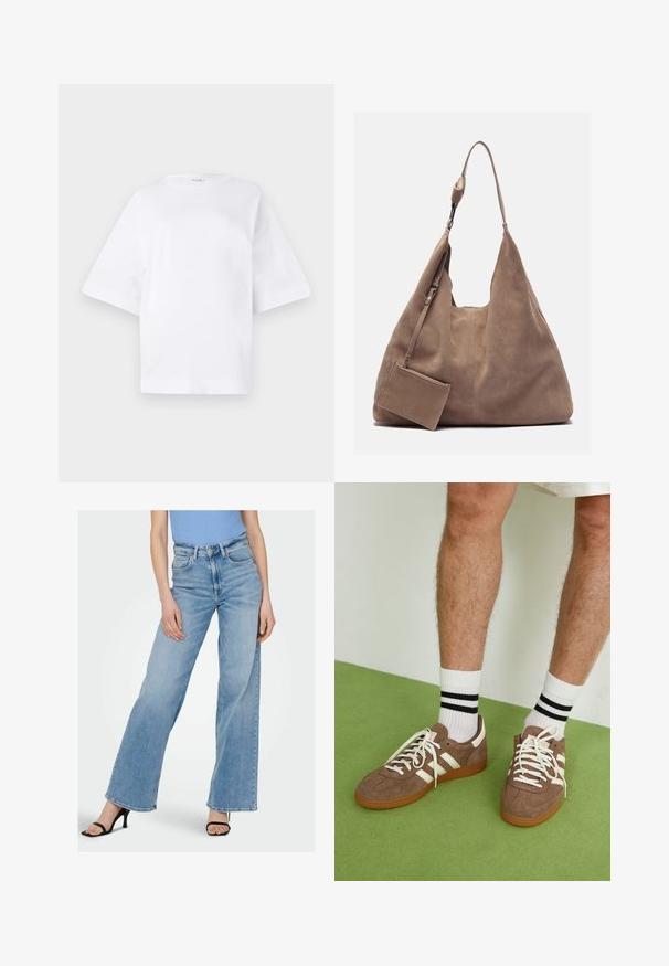 Lyseblå cropped cardigan med lange ærmer, ribbet tekstur, dyb V-hals og frontknaplukning. Mærket "Saint" er synligt ved halsudskæringen.; Hvid oversized t-shirt lavet af bomuldsmateriale, med korte ærmer, rund halsudskæring og lige kant uden mønstre eller accenter.; Lyseblå denim vide bukser med høj talje, med synlige søm og en klassisk fem-lomme design. Parret med sorte stilethæle.; Brune ruskind sneakers med hvide detaljer og snørebånd. Gummisål i naturgummi. Båret med hvide sokker med sorte striber. Grøn struktureret gulv.; Zign LEATHER - Shopping bags - light brown