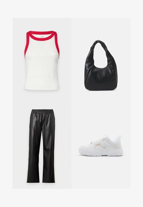 Hosszú kardigán, puha anyagból készült, fekete és bézs zebra mintázattal. Nyitott elülső dizájn, hosszú ujjak és laza szabás.; Fehér bordázott ujjatlan trikó piros díszítéssel a nyakán és a karöltőin. Feszes fazon, egyenes alj. Texturált anyag. Márka logója látható.; Fekete műbőr nadrág elasztikus derékkal, egyenes szárú dizájnnal és kontrasztos oldalsávokkal. Sima textúra és minimalista stílus.; Fehér, tömzsi dizájnú sneaker, amely bőrből és szintetikus anyagokból készült, texturált részletekkel, fűzőkkel és egy kiemelkedő, arany színű logóval.; Fekete hobo táska sima bőrszerű anyagból, csavarodott füllel, puha, lekerekített formával és felső cipzárral záródik.; Arany fülbevalók sima, fényes felülettel. Kör alakú dizájn, amely kis kapoccsal és átlátszó tartozékkal rendelkezik a biztonságos viselés érdekében.