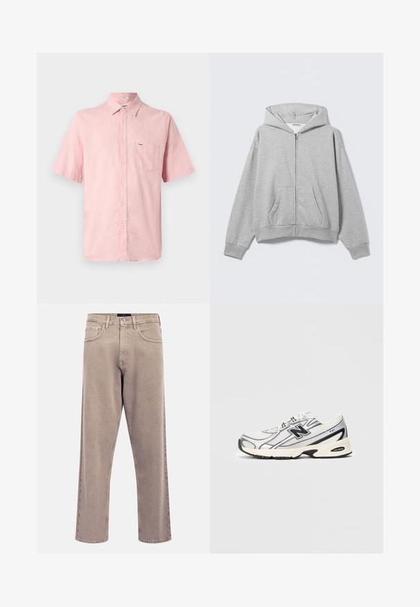 Grå hettejakke med glidelås laget av mykt stoff, med hette, frontlommer og ribbestrikkede mansjetter. Enkel design uten mønstre eller pynt.; Kortermet, knappet skjorte i lys rosa lin med en frontlomme og et lite merke på brystet. Krage-design.; Lyse beige jeans med rette ben, lett falmet tekstur, fem-lommers design og metallknapp lukking. Fremtredende sømdetaljer.; Hvit og grå idrettssko med svart "N"-logo, mesh-overdel, polstret såle og snøredesign, vist på ensfarget lys grå bakgrunn.