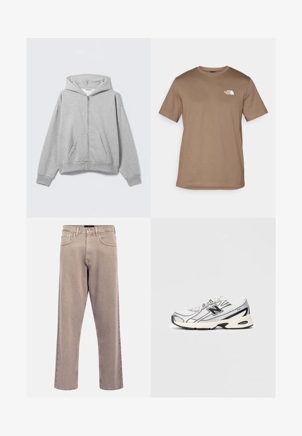 Grijze zip-up hoodie gemaakt van zachte stof, met een capuchon, voorzakken en geribde manchetten. Eenvoudig ontwerp zonder patronen of versieringen.; Bruine korte mouw T-shirt van katoen met een ribbelboord aan de ronde hals. Voorzien van een klein wit logo op de linkerborst.; Lichtbeige jeans met rechte pijpen, een licht vervaagde textuur, vijfzakkenontwerp en metalen knoopsluiting. Opvallende stikseldetails.; Witte en grijze sport sneaker met zwart "N" logo, mesh bovenwerk, gevoerde zool en vetersluiting, weergegeven op een effen lichtgrijze achtergrond.