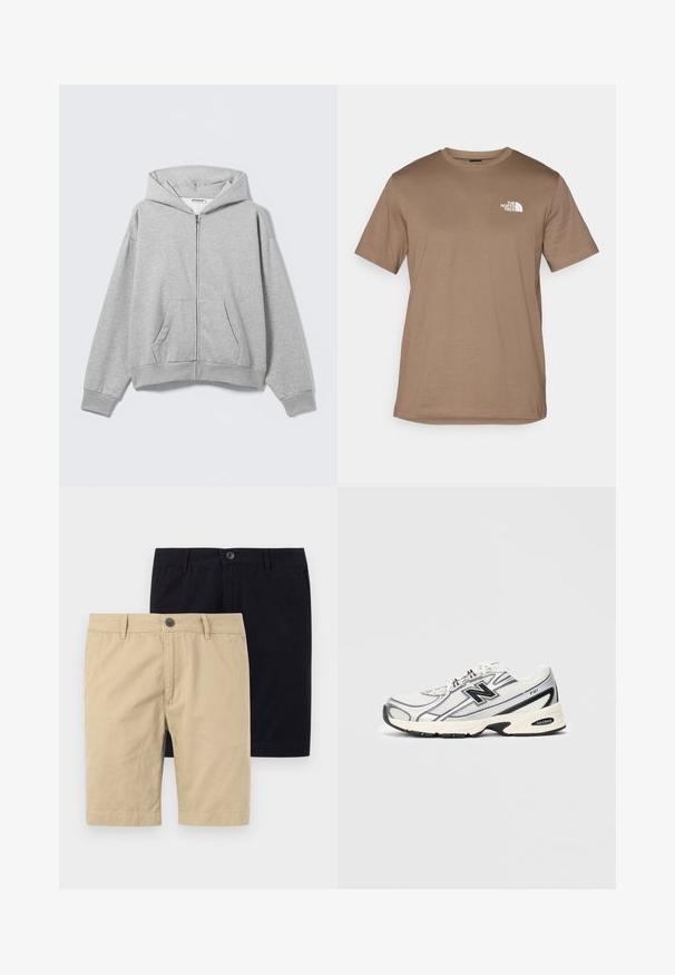 Sudadera con cremallera gris hecha de tela suave, con capucha, bolsillos delanteros y puños acanalados. Diseño sencillo sin patrones ni adornos.; Camiseta de algodón marrón de mangas cortas con cuello redondo acanalado. Presenta un pequeño logo blanco en el lado izquierdo del pecho.; Dos pares de pantalones cortos, uno caqui y uno negro, hechos de algodón. Ambos cuentan con botón, frente plano y tienen un diseño hasta la rodilla.; Zapatilla deportiva blanca y gris con logo negro "N", parte superior de malla, suela acolchada y diseño de cordones, presentada sobre un fondo gris claro liso.