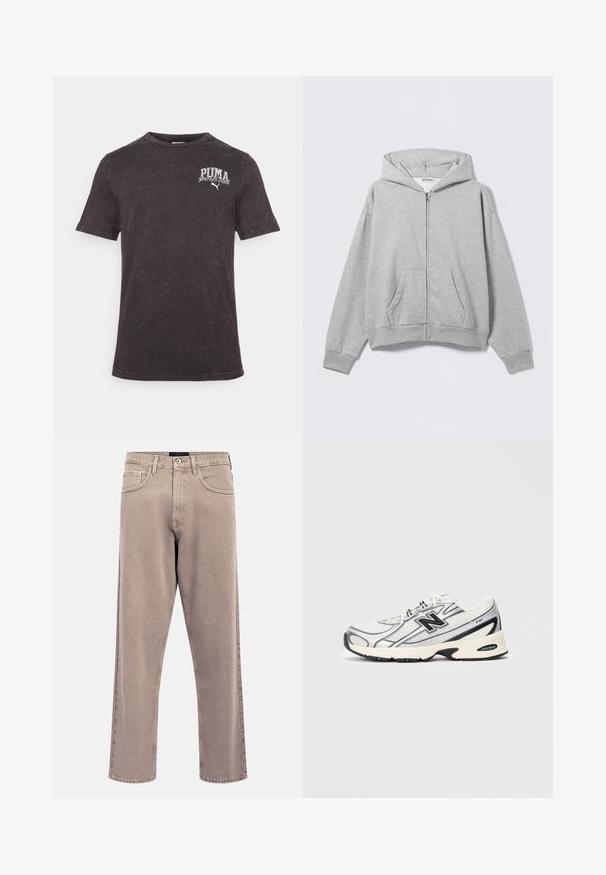 Gray zip-up hoodie made of soft fabric, featuring a hood, front pockets, and ribbed cuffs. Simple design with no patterns or embellishments.; Black short-sleeve T-shirt made of cotton, featuring a distressed finish and a white printed "PUMA sports club" logo on the chest.; Light beige straight-leg jeans with a slightly faded texture, five-pocket design, and metal button closure. Prominent stitching details.; White and gray athletic sneaker with black "N" logo, mesh upper, cushioned sole, and lace-up design, shown on plain light gray background.