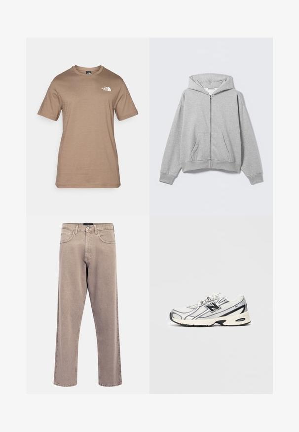 Szürke cipzáras kapucnis pulóver puha anyagból, kapucnival, első zsebekkel és bordás szegélyű mandzsettákkal. Egyszerű design, minták vagy díszítések nélkül.; Rövidujjú, világosbarna pamut póló, kis fehér logóval a mellen. Klasszikus kerek nyakkivágás, sima textúra és normál szabás.; Világos bézs egyenes szárú farmer, enyhén kifakult textúrával, ötpántos kialakítással és fém gombos záródással. Kiemelkedő varrási részletek.; Fehér és szürke sportcipő fekete "N" logóval, hálós felsőrész, párnázott talp és fűzős kialakítás, világos szürke háttér előtt.