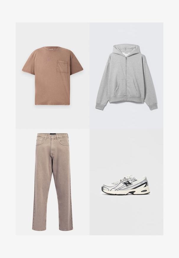 Hall hall lukuga dressipluus pehmest kangast, millel on kapuuts, esitaskud ja soonikkoes varrukasäärised. Lihtne disain ilma mustrite või kaunistusteta.; Lühikeste varrukatega, ümara kaelusega t-särk heledast pruunist puuvillast, ühe rinnatasku ja kerge tekstuuriga. Sirge lõige puhaste servadega.; Heledad helebeežid sirglõikes teksapüksid, millel on kergelt pleekinud tekstuur, viie taskuga disain ja metallist nupuga sulgumine. Silmapaistvad õmbluse detailid.; Valge ja hall spordijalats musta "N" logoga, võrgusilmast ülemine osa, pehmendusega tallad ja lipsudega disain, esitatud heledal hallil taustal.