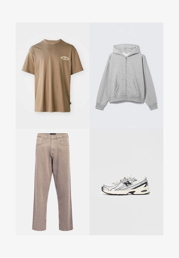 Gray zip-up hoodie made of soft fabric, featuring a hood, front pockets, and ribbed cuffs. Simple design with no patterns or embellishments.; Brown cotton t-shirt featuring a crew neck, short sleeves, and a white logo reading "Dickies Workwear" on the left chest area.; Light beige straight-leg jeans with a slightly faded texture, five-pocket design, and metal button closure. Prominent stitching details.; White and gray athletic sneaker with black "N" logo, mesh upper, cushioned sole, and lace-up design, shown on plain light gray background.