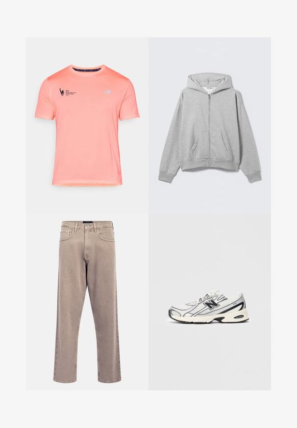 Sudadera con cremallera gris hecha de tela suave, con capucha, bolsillos delanteros y puños acanalados. Diseño sencillo sin patrones ni adornos.; Camiseta de running ligera y de manga corta en un brillante color rosa, con un acabado texturizado, el logo de New Balance y la impresión "TCS Maratón de Nueva York 2025".; Vaqueros rectos de tono beige claro con textura ligeramente desvaída, diseño de cinco bolsillos y cierre con botón metálico. Detalles de costura prominentes.; Zapatilla deportiva blanca y gris con logo negro "N", parte superior de malla, suela acolchada y diseño de cordones, presentada sobre un fondo gris claro liso.