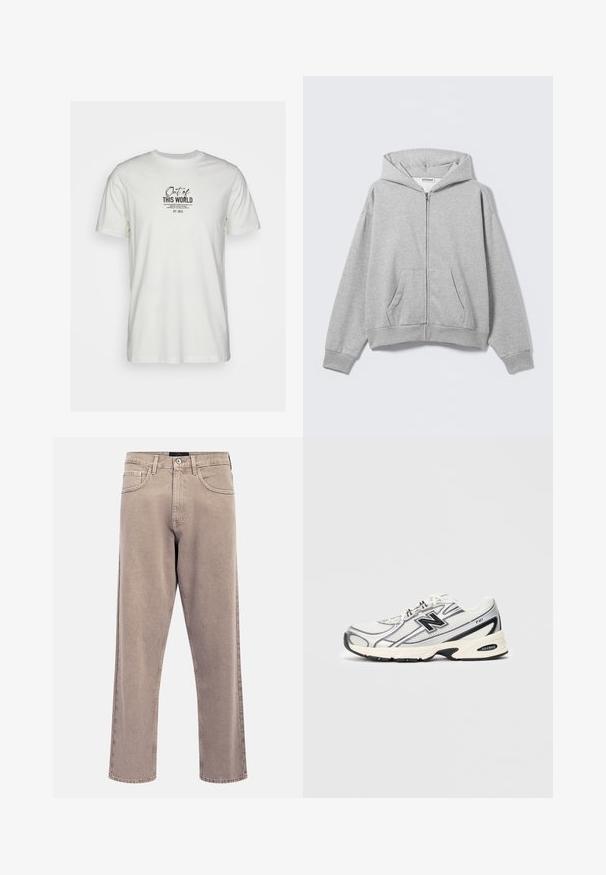 Grauer Kapuzenpullover mit Reißverschluss aus weichem Stoff, mit Kapuze, Fronttaschen und gerippten Bündchen. Schlichtes Design ohne Muster oder Verzierungen.; Weißes Baumwoll-T-Shirt mit einem schwarzen Grafikdruck und Text. Kurzärmlig und mit Rundhalsausschnitt, schlichtes Design ohne zusätzliche Verzierungen.; Hellbeige Jeans mit geradem Bein, leicht verwaschener Textur, Fünf-Taschen-Design und Metallknopfverschluss. Auffällige Nahtdetails.; Weißer und grauer Sportschuh mit schwarzem "N"-Logo, Obermaterial aus Mesh, gepolsterter Sohle und Schnürdesign, auf einem einfachen hellgrauen Hintergrund abgebildet.