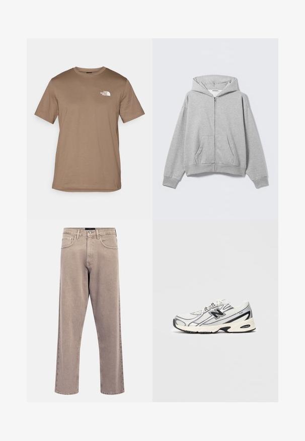 Grijze zip-up hoodie gemaakt van zachte stof, met een capuchon, voorzakken en geribde manchetten. Eenvoudig ontwerp zonder patronen of versieringen.; Bruine korte mouw T-shirt van katoen met een ribbelboord aan de ronde hals. Voorzien van een klein wit logo op de linkerborst.; Lichtbeige jeans met rechte pijpen, een licht vervaagde textuur, vijfzakkenontwerp en metalen knoopsluiting. Opvallende stikseldetails.; Witte en grijze sport sneaker met zwart "N" logo, mesh bovenwerk, gevoerde zool en vetersluiting, weergegeven op een effen lichtgrijze achtergrond.