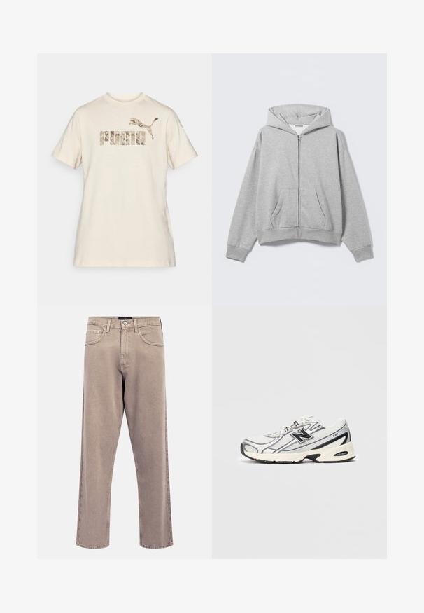 Gray zip-up hoodie made of soft fabric, featuring a hood, front pockets, and ribbed cuffs. Simple design with no patterns or embellishments.; Cream cotton t-shirt with short sleeves and a crew neck. Features a camouflage pattern logo "PUMA" and leaping puma emblem printed in muted tones.; Light beige straight-leg jeans with a slightly faded texture, five-pocket design, and metal button closure. Prominent stitching details.; White and gray athletic sneaker with black "N" logo, mesh upper, cushioned sole, and lace-up design, shown on plain light gray background.