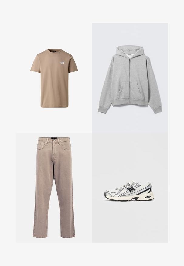 Grå hættetrøje med lynlås lavet af blødt stof, med hætte, forlommer og ribbede manchetter. Enkel design uden mønstre eller pynt.; Beige kortærmet t-shirt med rund hals med "The North Face" logoet på venstre bryst mod hvid baggrund.; Lyse beige jeans med lige ben, en let falmet tekstur, design med fem lommer og lukning med metalknap. Fremtrædende syningsdetaljer.; Hvid og grå atletisk sneakers med sort "N" logo, mesh-overdel, polstret sål og snørebåndsdesign, vist på en ensfarvet lys grå baggrund.