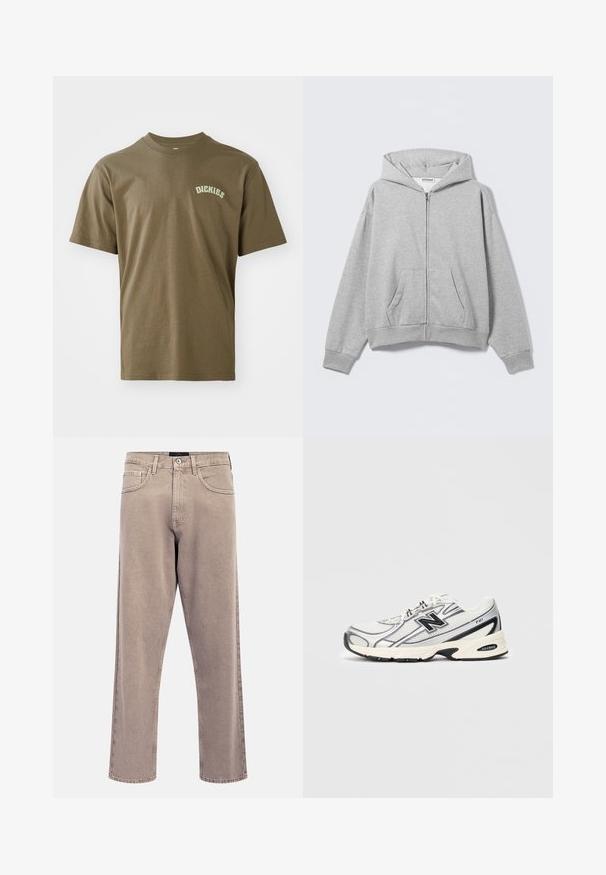 Harmaa vetoketjullinen huppari, joka on valmistettu pehmeästä kankaasta ja siinä on huppu, edessä taskut sekä resorit hihansuissa. Yksinkertainen muotoilu ilman kuvioita tai koristeita.; Oliivinvihreä puuvillainen t-paita lyhyillä hihoilla, pyöreällä kaula-aukolla ja vasemmassa rinnassa pieni valkoinen "Dickies"-logo. Silkkinen pinta.; Vaaleanbeiget suora lahje -farkut, joissa on hieman haalistunut tekstuuri, viisipokkoinen muotoilu ja metallinen napin suljin. Korostetut saumausdetaljit.; Valkoiset ja harmaat urheilukengät mustalla "N"-logolla, verkkomateriaali yläosassa, pehmustettu pohja ja nauhakiinnitys, esitelty vaaleanharmaalla taustalla.