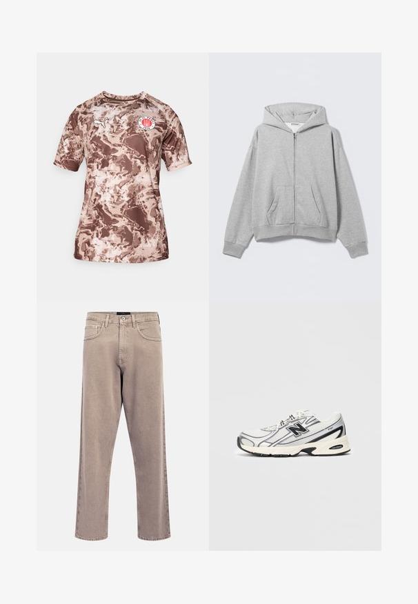 Sudadera con cremallera gris hecha de tela suave, con capucha, bolsillos delanteros y puños acanalados. Diseño sencillo sin patrones ni adornos.; Camiseta de manga corta en tonos marrones camuflados, hecha de una tela ligera, con un cuello redondo y un parche de logo en el pecho.; Vaqueros rectos de tono beige claro con textura ligeramente desvaída, diseño de cinco bolsillos y cierre con botón metálico. Detalles de costura prominentes.; Zapatilla deportiva blanca y gris con logo negro "N", parte superior de malla, suela acolchada y diseño de cordones, presentada sobre un fondo gris claro liso.