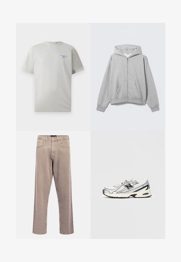 Weekday Sweater met rits - grey melange; Lichtgrijze katoenen t-shirt met korte mouwen, ronde halslijn en een klein blauw logo op de linker borst. Gladde textuur.; Lichtbeige jeans met rechte pijpen, een licht vervaagde textuur, vijfzakkenontwerp en metalen knoopsluiting. Opvallende stikseldetails.; Witte en grijze sport sneaker met zwart "N" logo, mesh bovenwerk, gevoerde zool en vetersluiting, weergegeven op een effen lichtgrijze achtergrond.